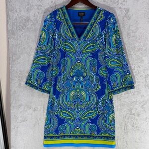 Laundry by Shelli Segal Paisley V Neck 3/4 Sleeves Tunic Shift Dress Size S